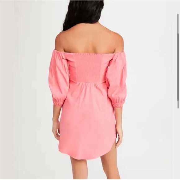 NWT A.L.C. Mila Linen Blend Smocked Off-Shoulder Mini Dress Pink Size 10 - Picture 3 of 9